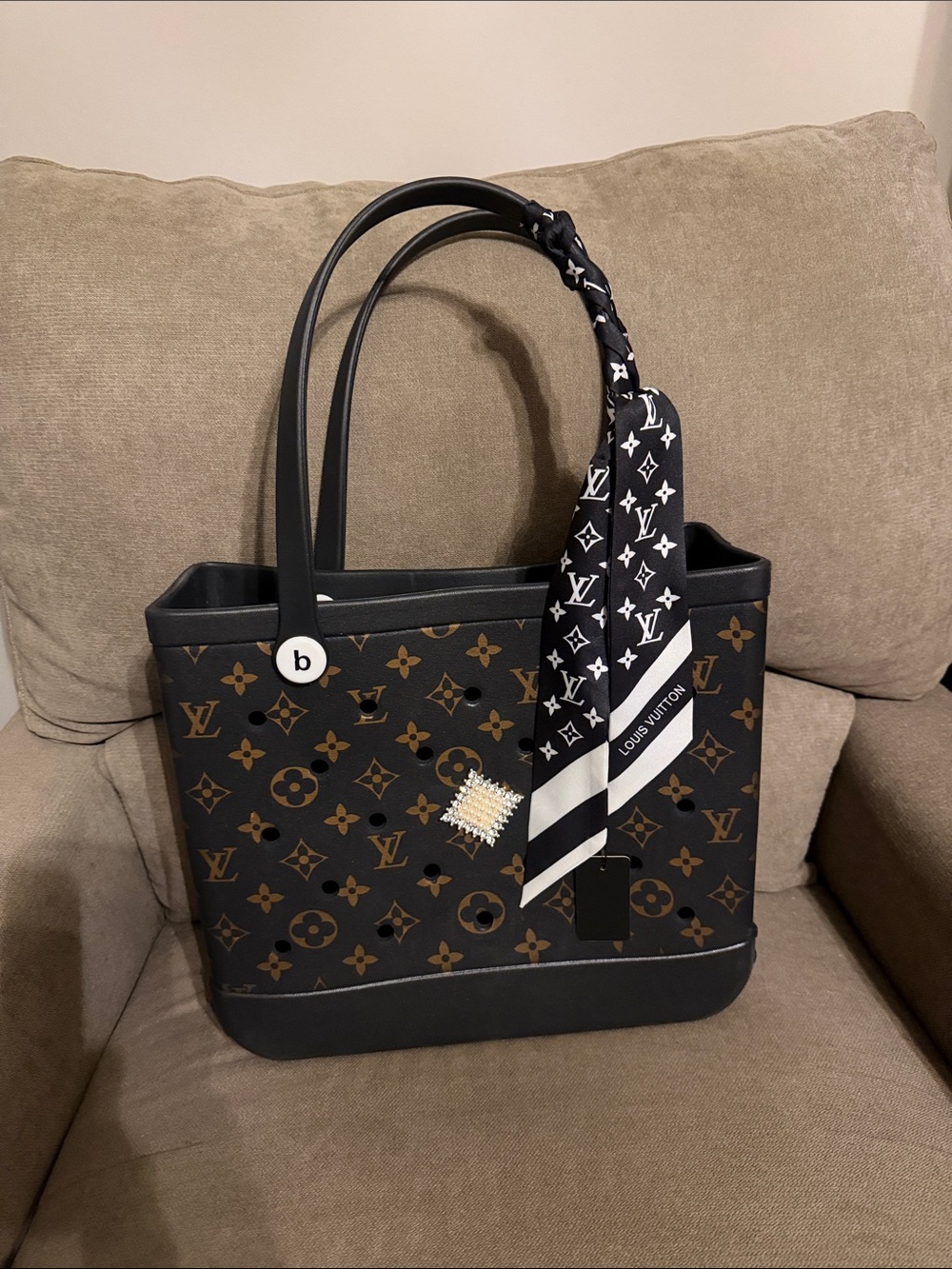 Brown and Black Monogram Tote with Scarf Accent
